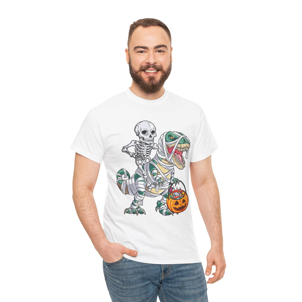 Halloween Skeleton Dinosaur Tee - Unisex Heavy Cotton Shirt