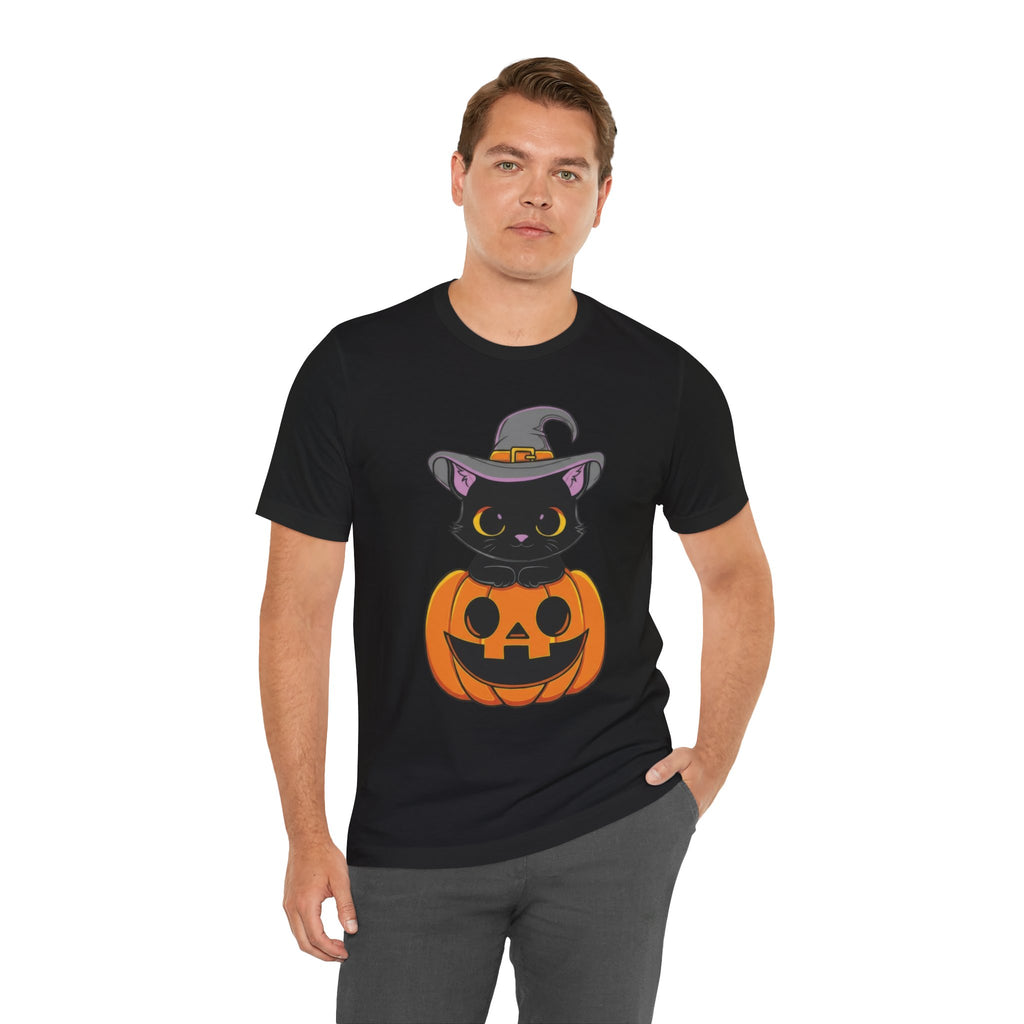 Halloween Cat T-Shirt, Unisex Tee for Autumn, Cozy Halloween Shirt, Spooky Costume Party Wear, Pumpkin and Cat Design