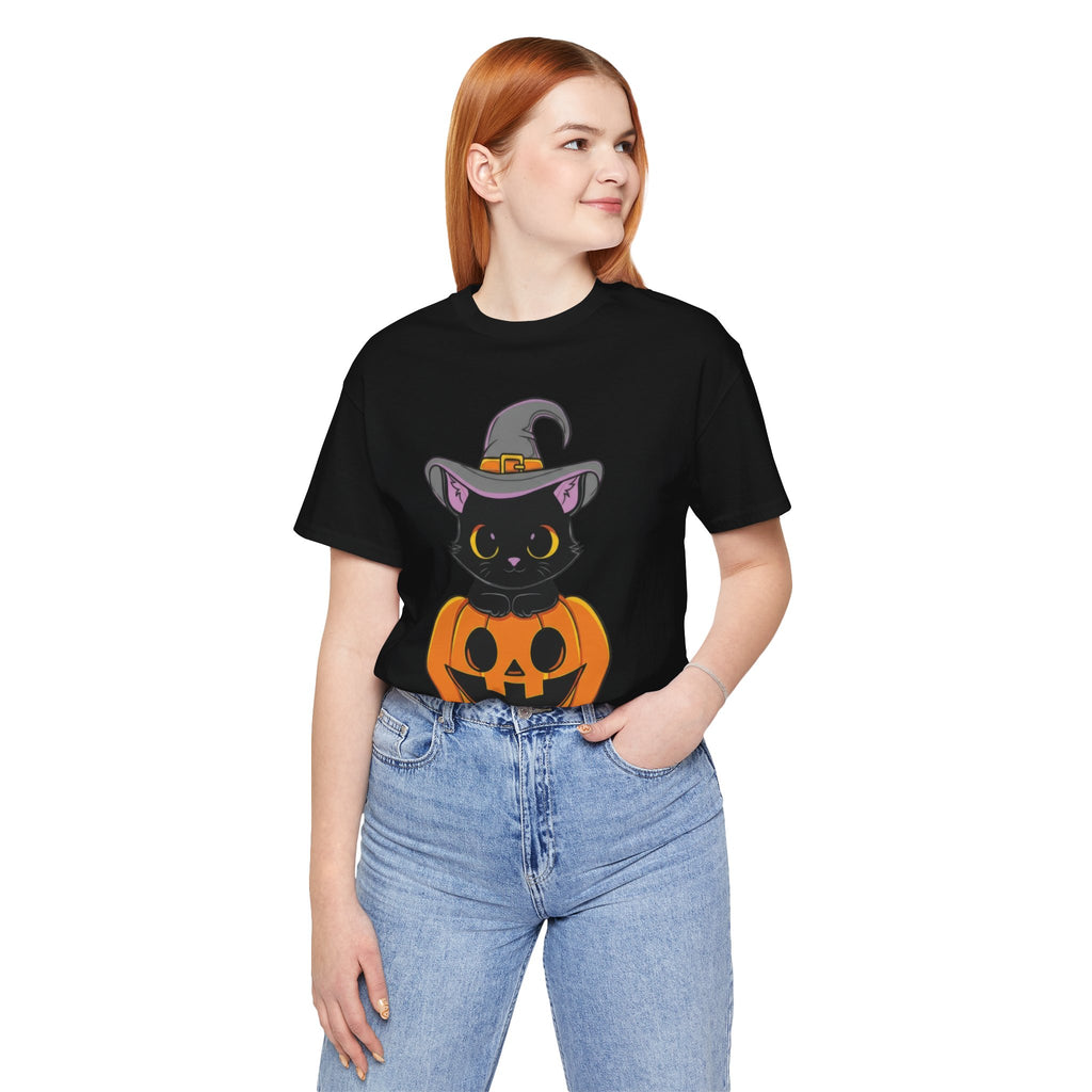 Halloween Cat T-Shirt, Unisex Tee for Autumn, Cozy Halloween Shirt, Spooky Costume Party Wear, Pumpkin and Cat Design