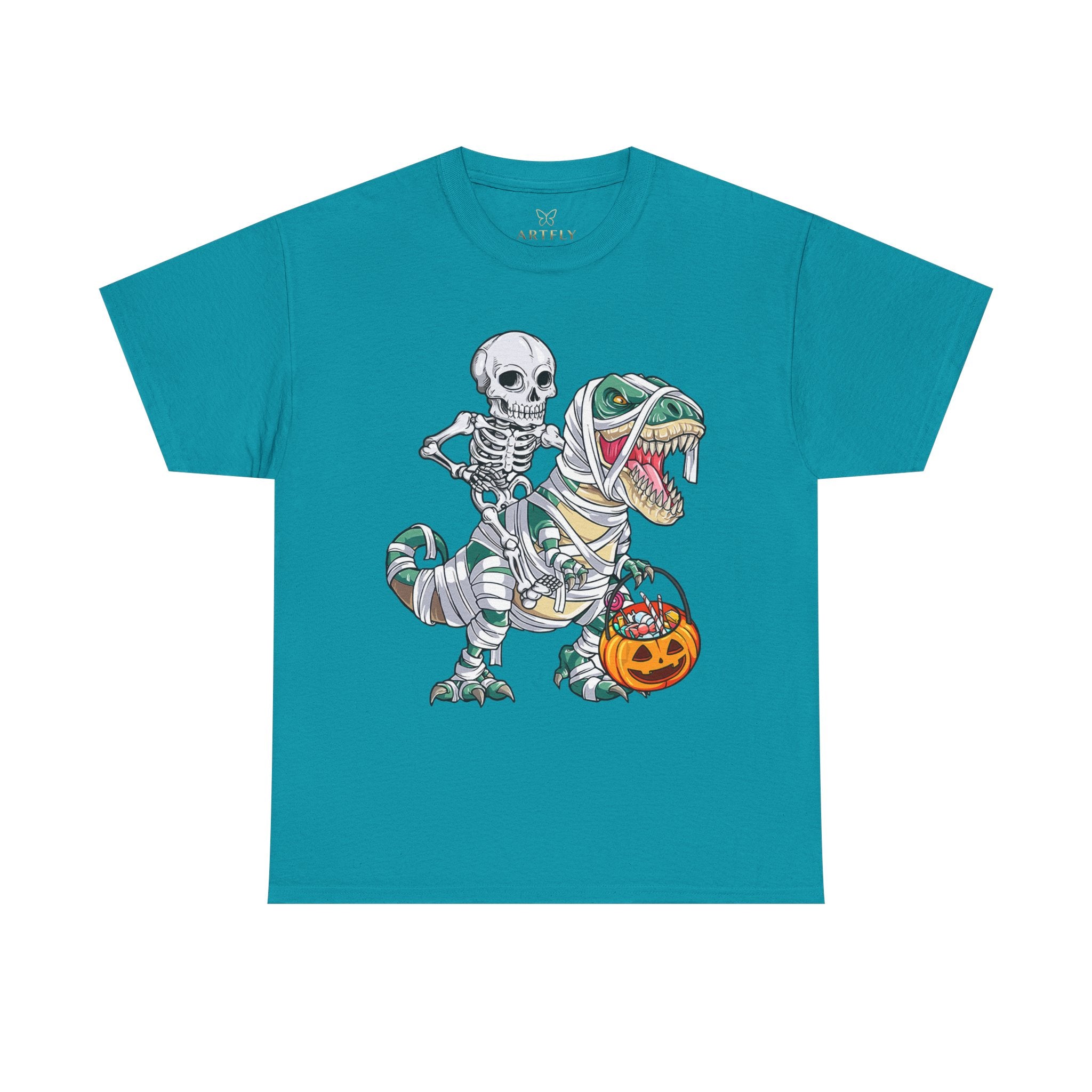 Halloween Skeleton Dinosaur Tee - Unisex Heavy Cotton Shirt