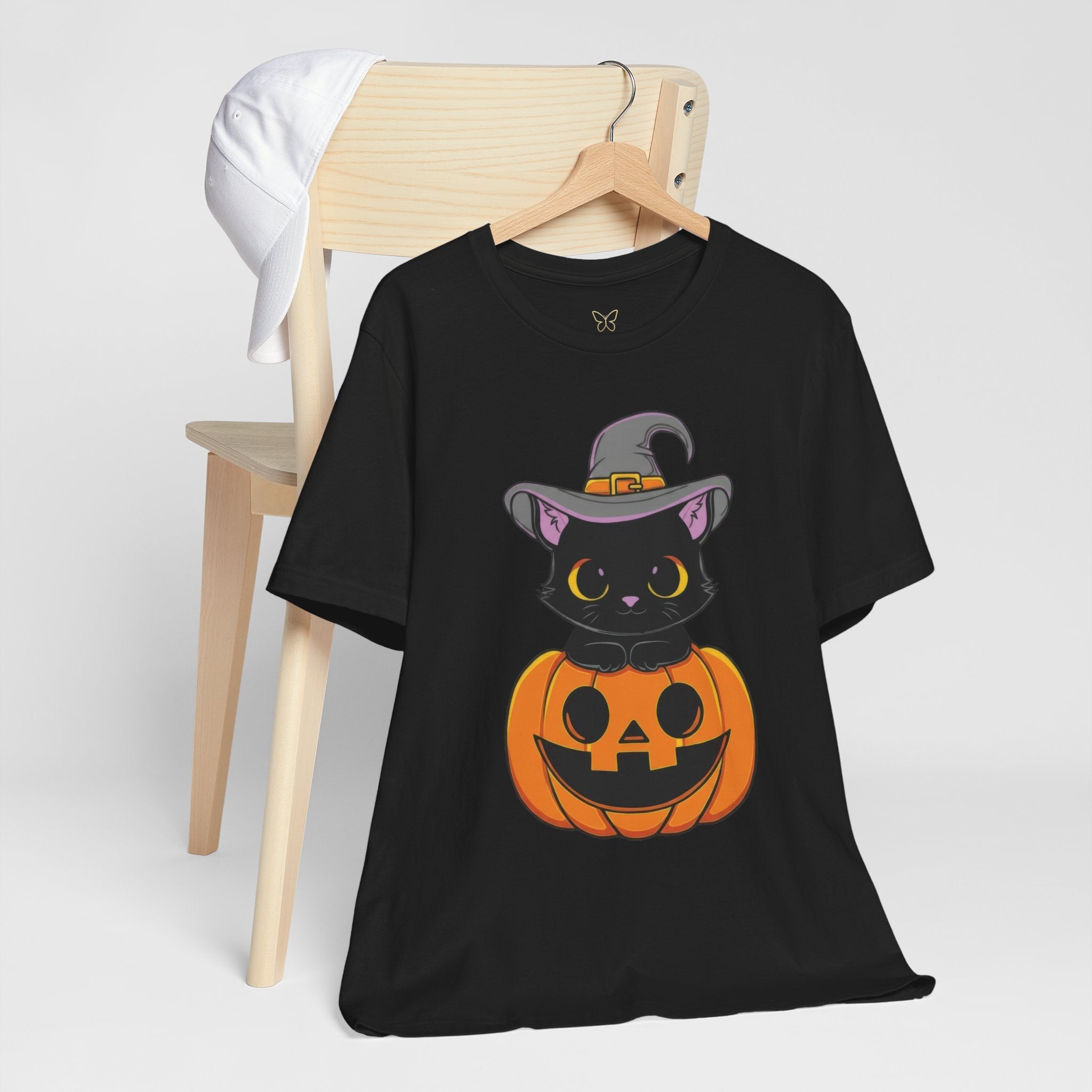 Halloween Cat T-Shirt, Unisex Tee for Autumn, Cozy Halloween Shirt, Spooky Costume Party Wear, Pumpkin and Cat Design