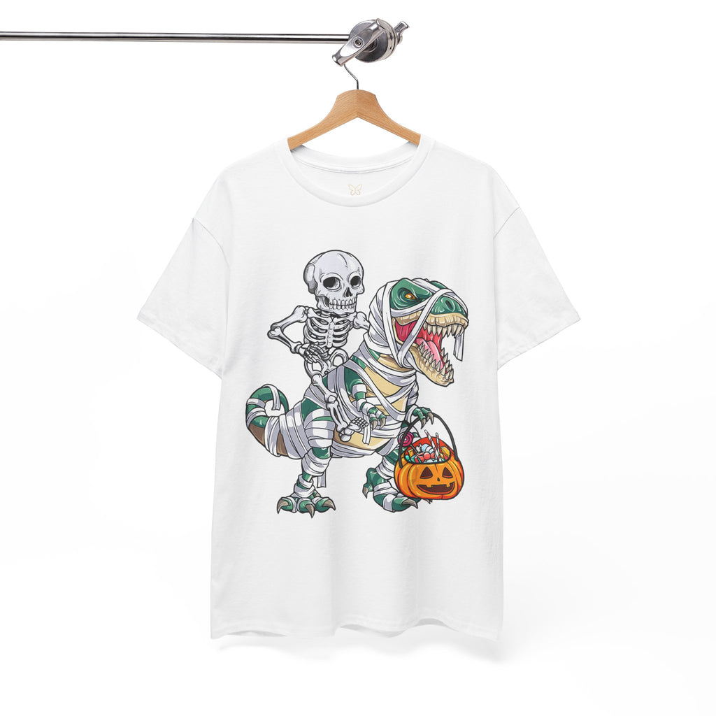 Halloween Skeleton Dinosaur Tee - Unisex Heavy Cotton Shirt