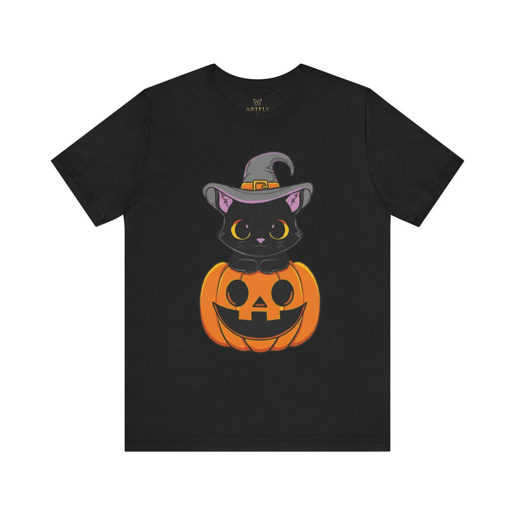 Halloween Cat T-Shirt, Unisex Tee for Autumn, Cozy Halloween Shirt, Spooky Costume Party Wear, Pumpkin and Cat Design