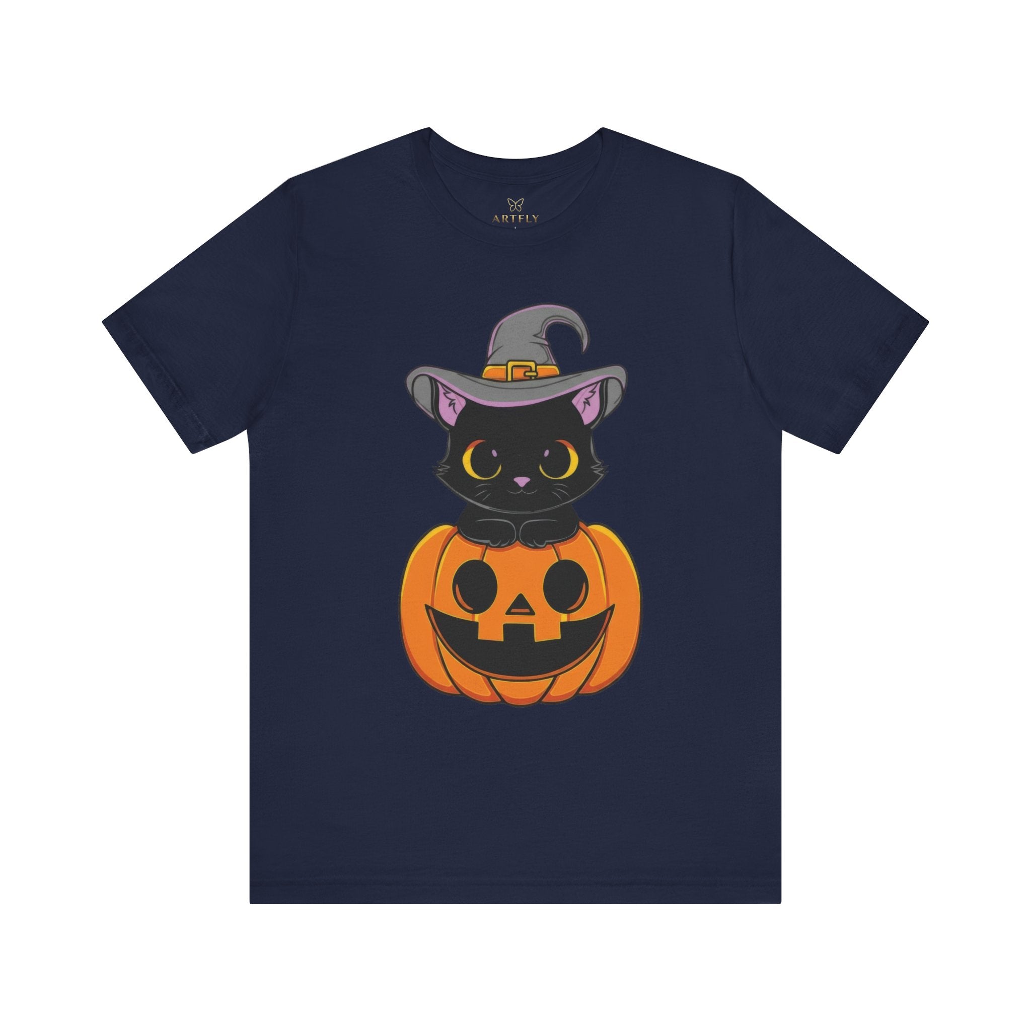 Halloween Cat T-Shirt, Unisex Tee for Autumn, Cozy Halloween Shirt, Spooky Costume Party Wear, Pumpkin and Cat Design