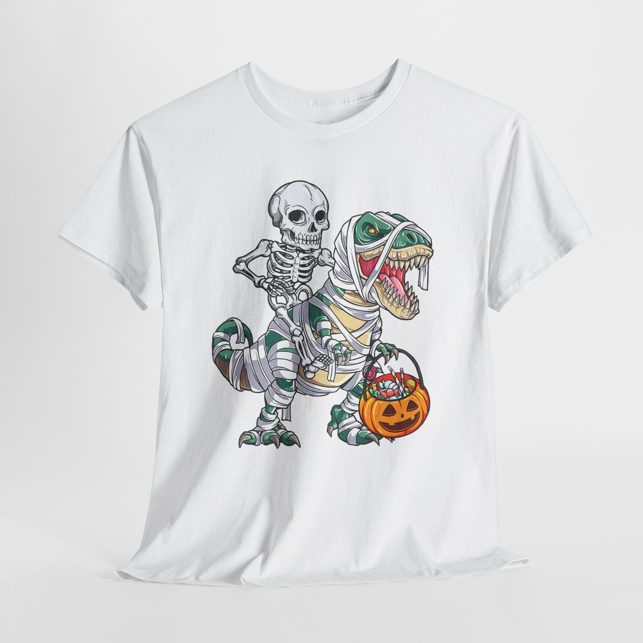 Halloween Skeleton Dinosaur Tee - Unisex Heavy Cotton Shirt