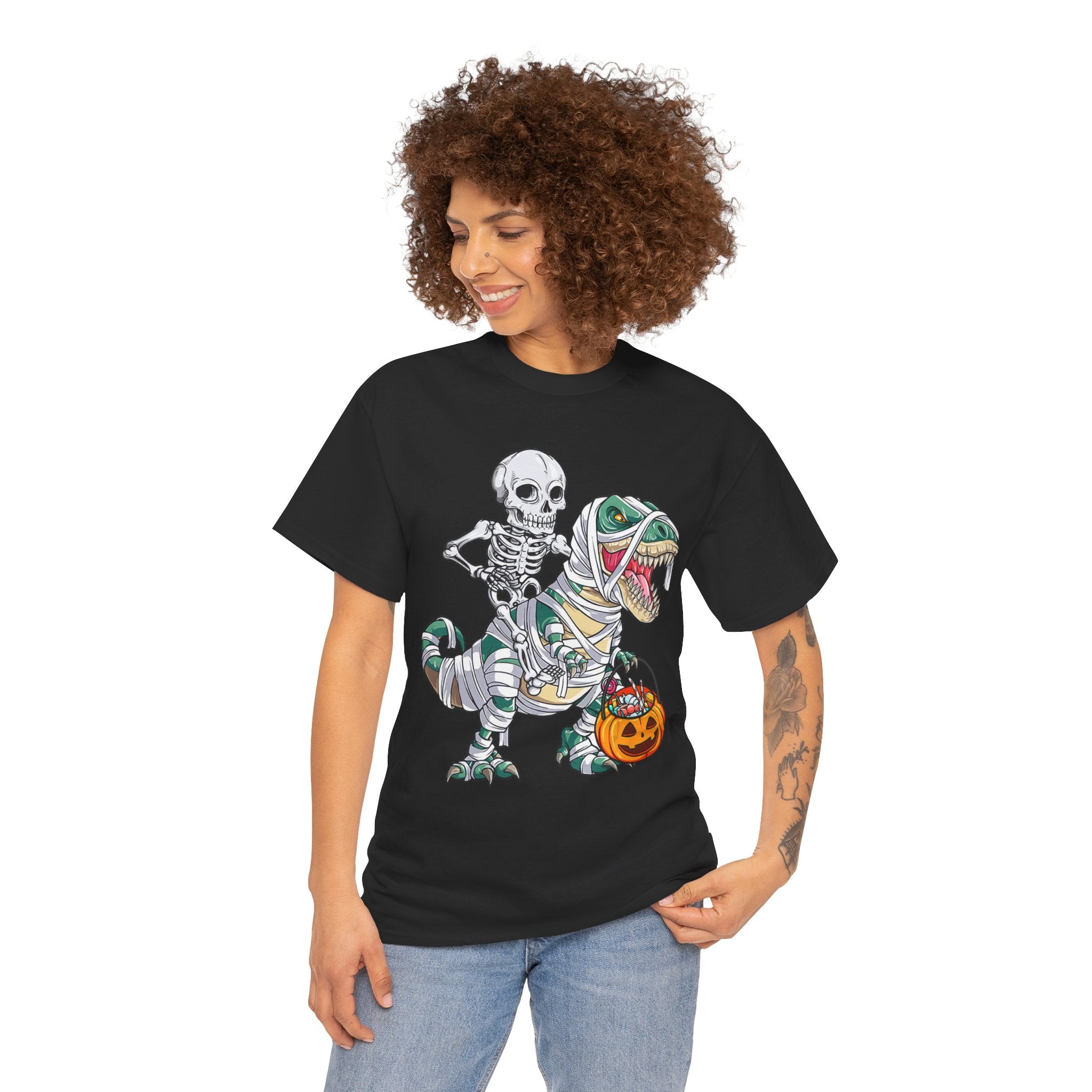 Halloween Skeleton Dinosaur Tee - Unisex Heavy Cotton Shirt