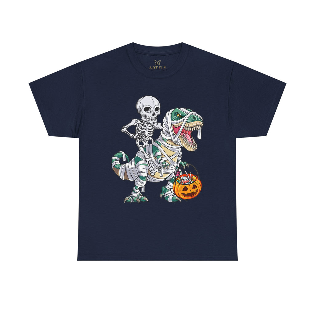 Halloween Skeleton Dinosaur Tee - Unisex Heavy Cotton Shirt