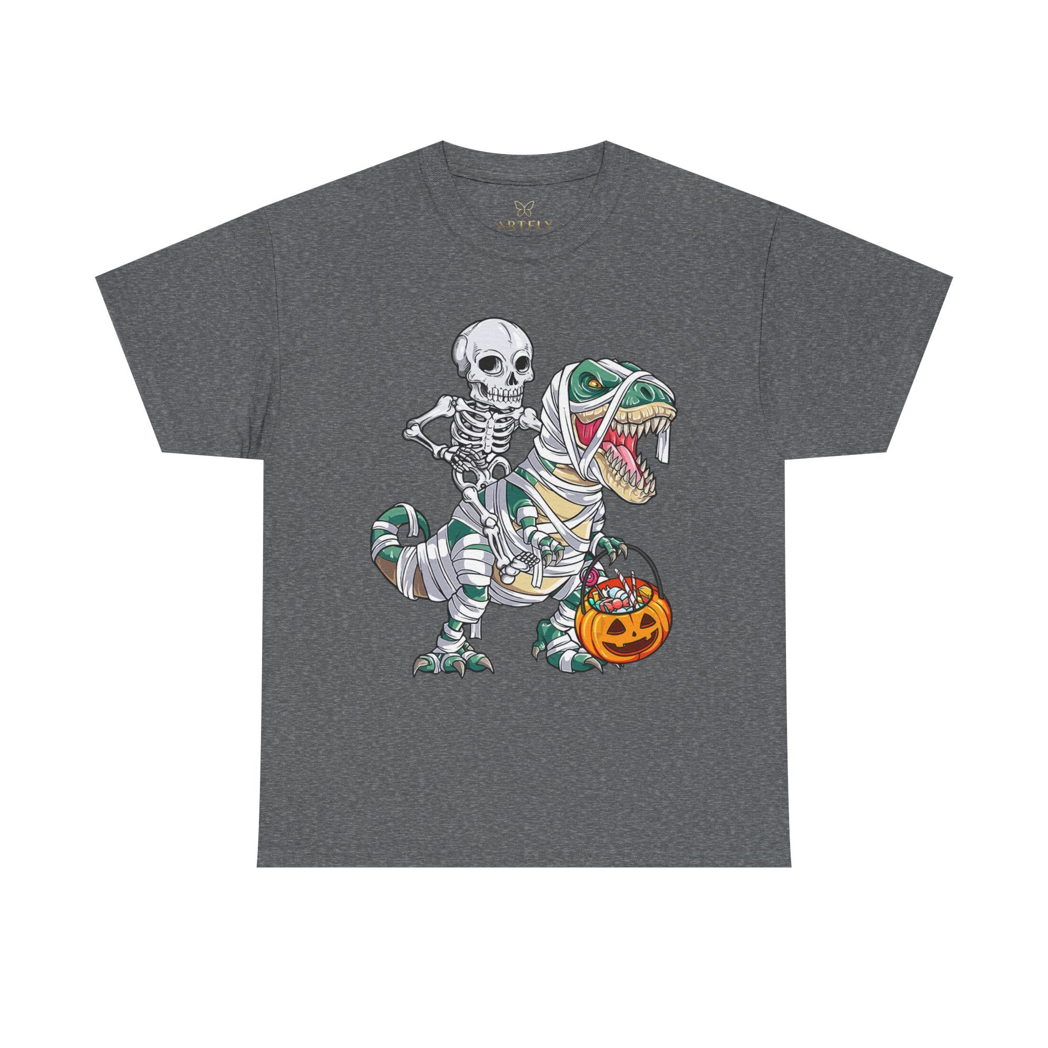 Halloween Skeleton Dinosaur Tee - Unisex Heavy Cotton Shirt