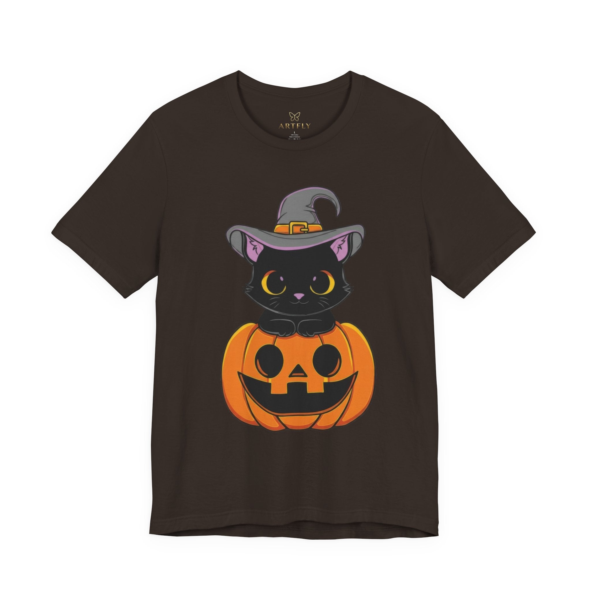 Halloween Cat T-Shirt, Unisex Tee for Autumn, Cozy Halloween Shirt, Spooky Costume Party Wear, Pumpkin and Cat Design