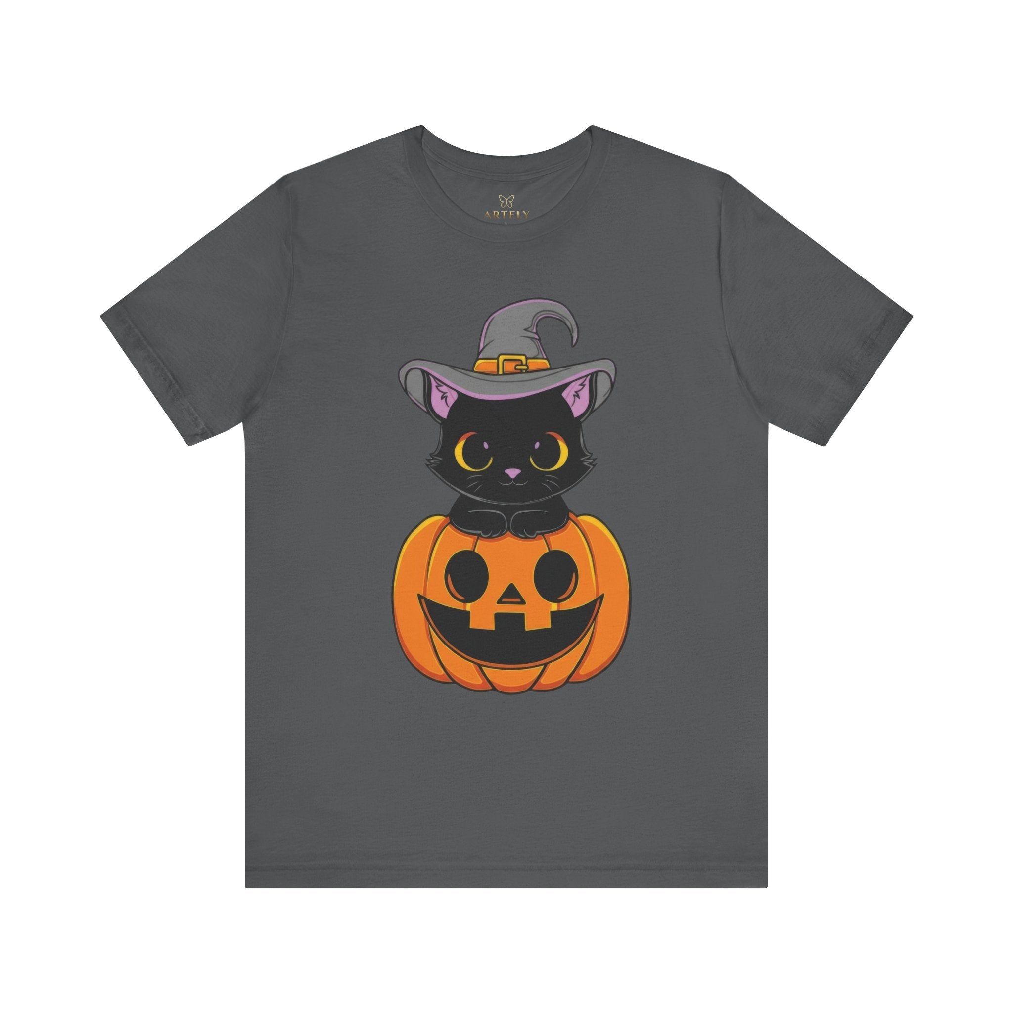 Halloween Cat T-Shirt, Unisex Tee for Autumn, Cozy Halloween Shirt, Spooky Costume Party Wear, Pumpkin and Cat Design