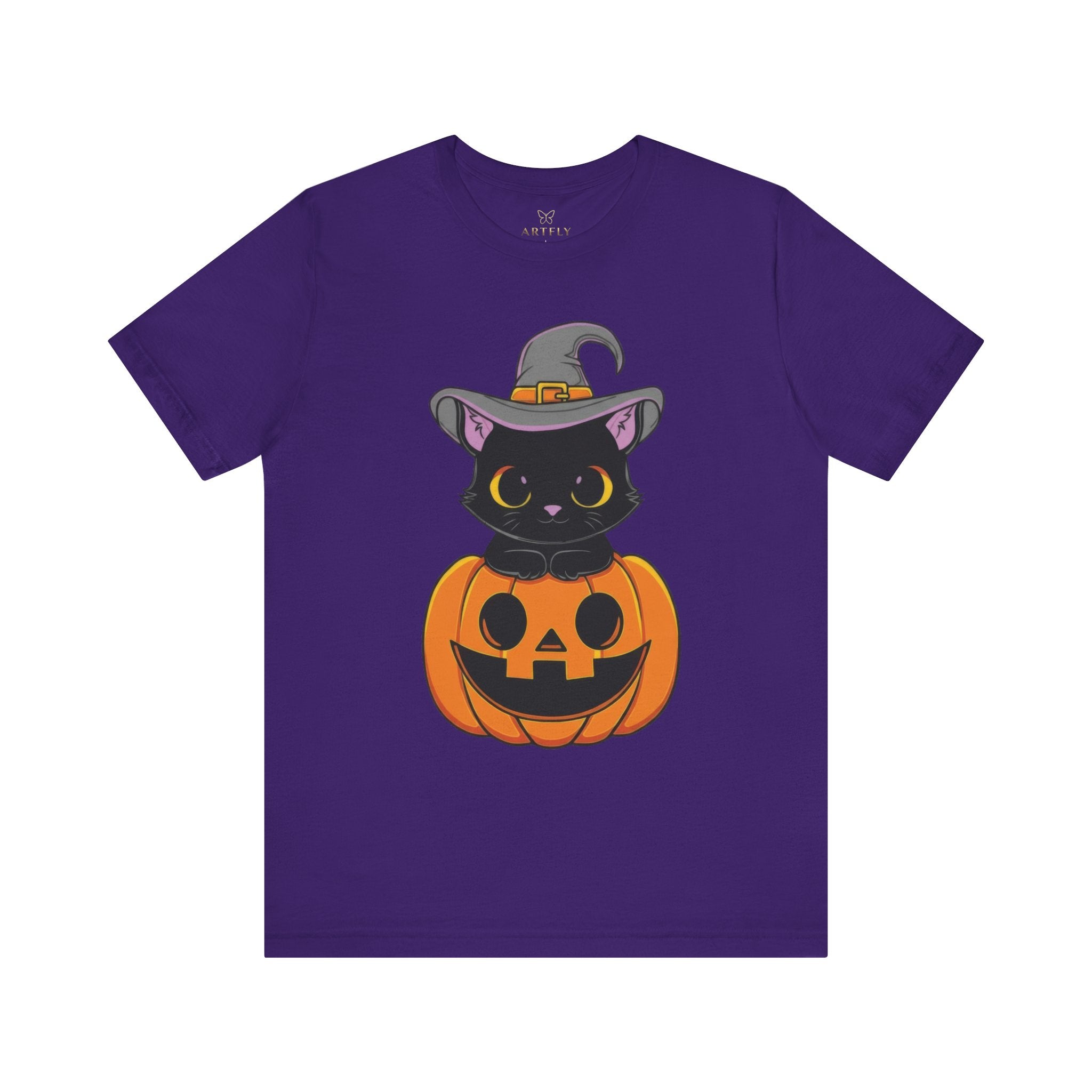 Halloween Cat T-Shirt, Unisex Tee for Autumn, Cozy Halloween Shirt, Spooky Costume Party Wear, Pumpkin and Cat Design