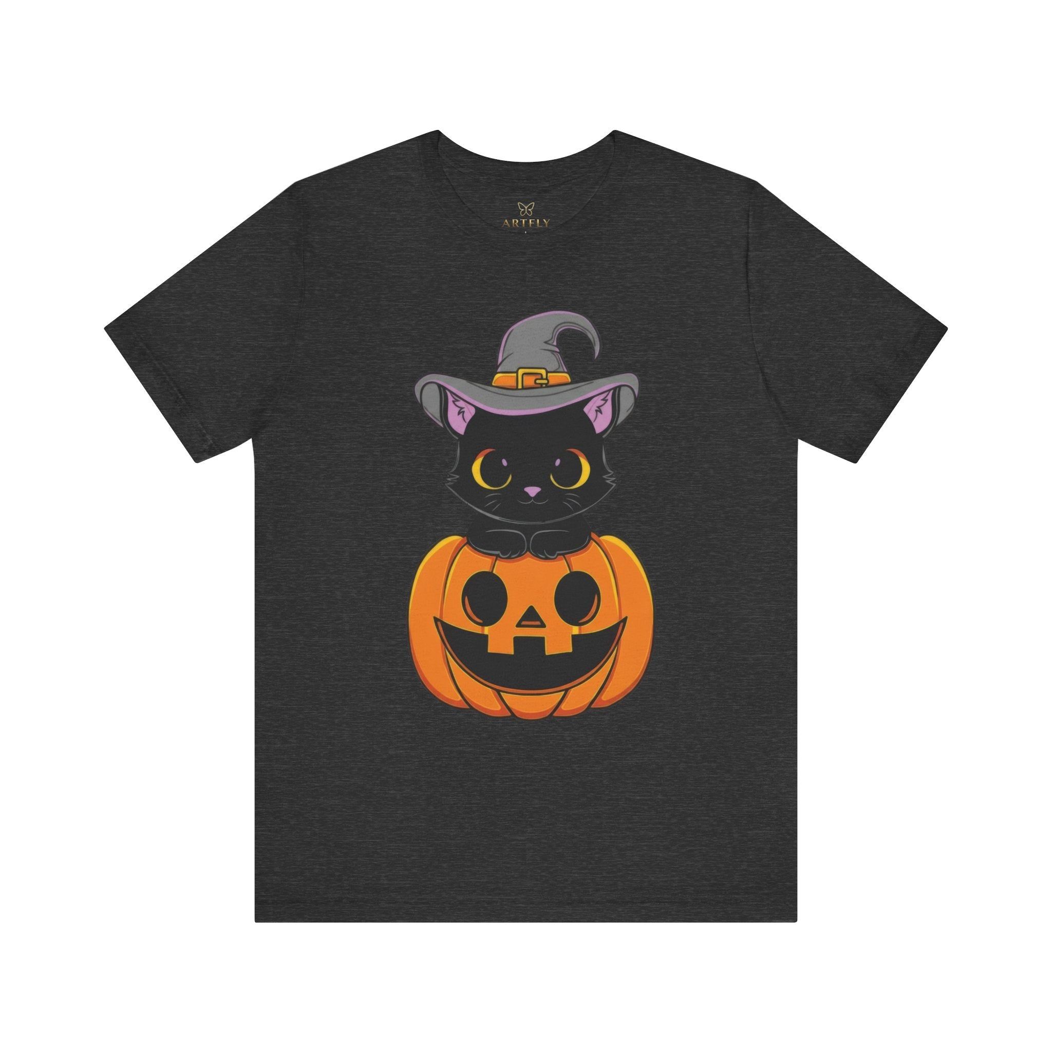 Halloween Cat T-Shirt, Unisex Tee for Autumn, Cozy Halloween Shirt, Spooky Costume Party Wear, Pumpkin and Cat Design