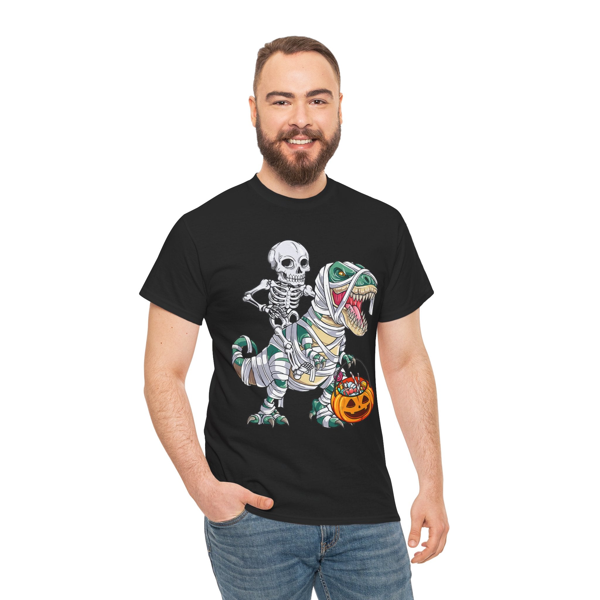 Halloween Skeleton Dinosaur Tee - Unisex Heavy Cotton Shirt