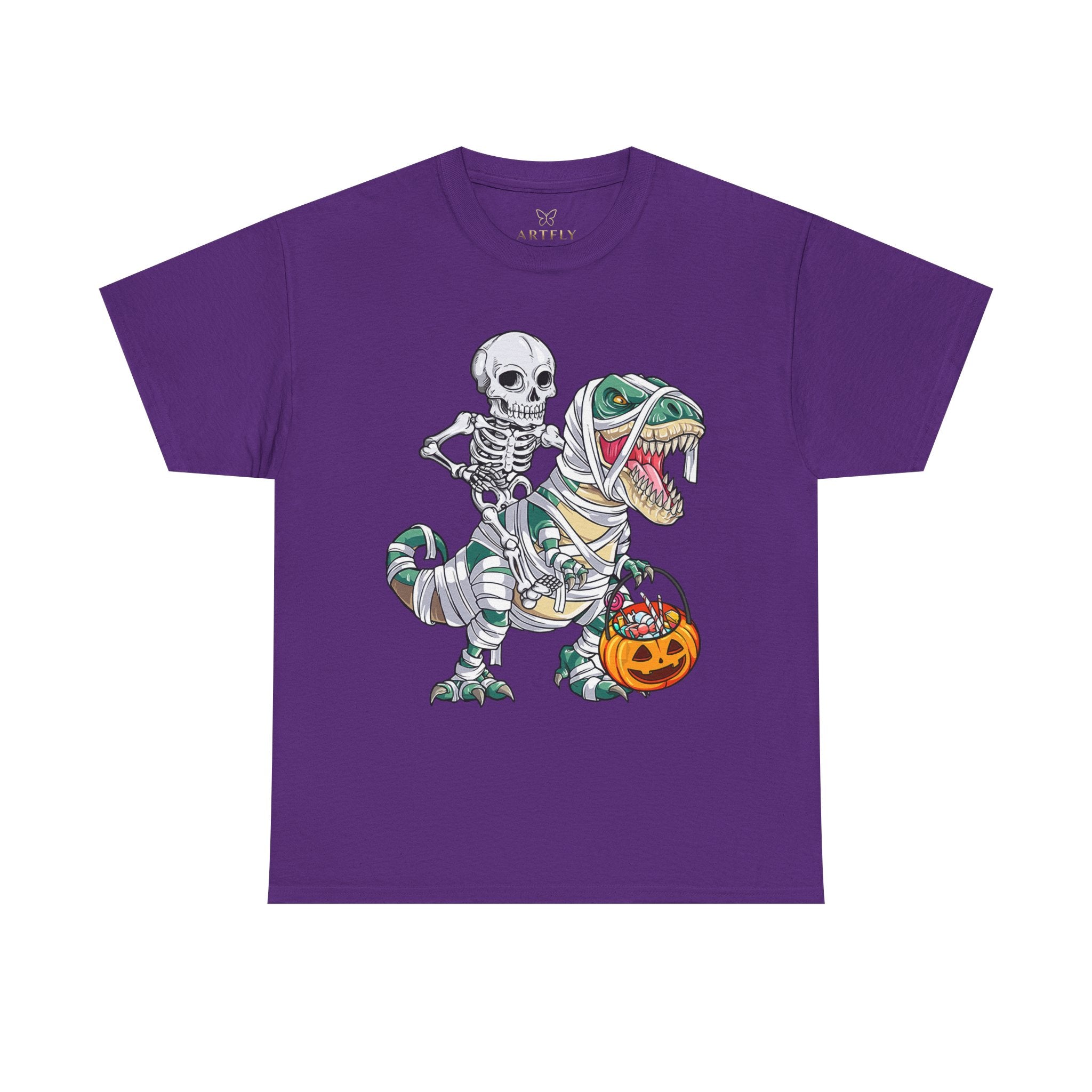 Halloween Skeleton Dinosaur Tee - Unisex Heavy Cotton Shirt
