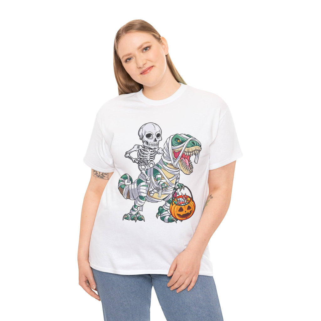 Halloween Skeleton Dinosaur Tee - Unisex Heavy Cotton Shirt