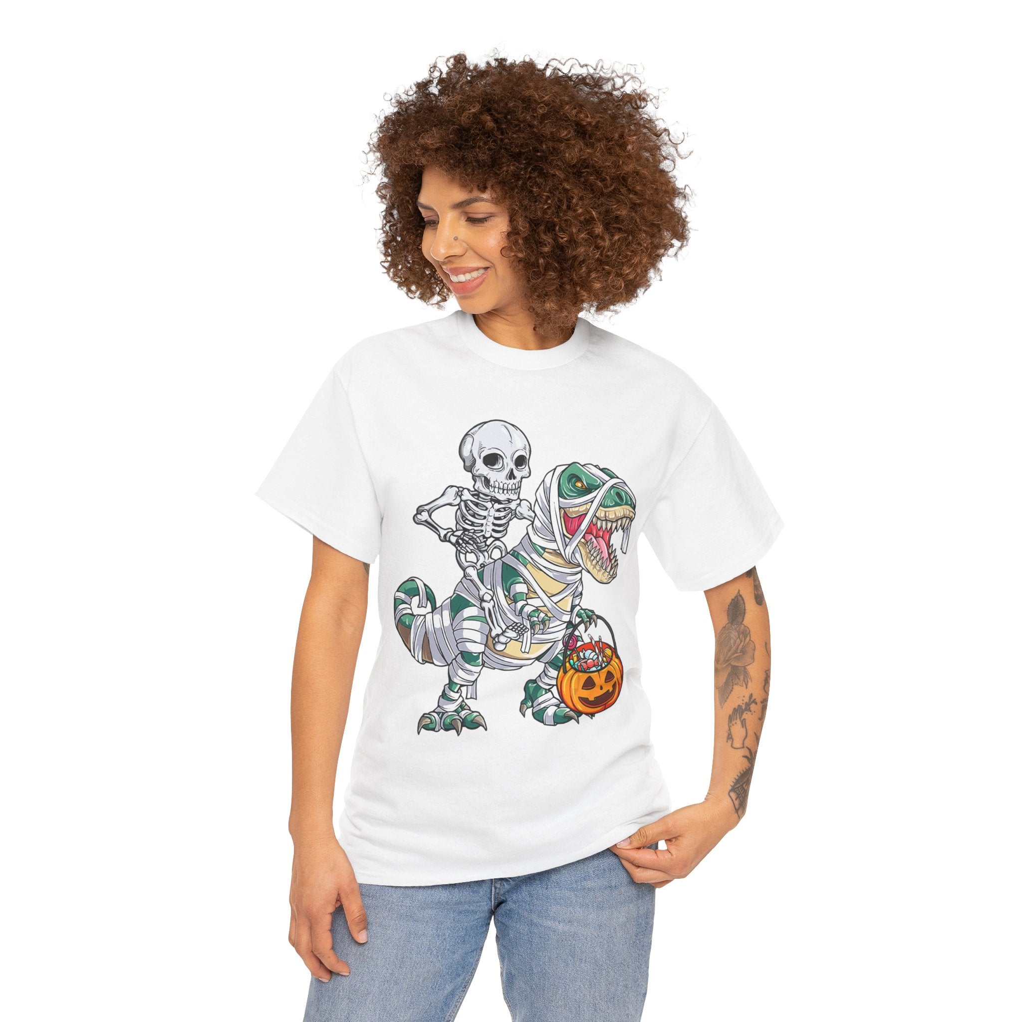 Halloween Skeleton Dinosaur Tee - Unisex Heavy Cotton Shirt