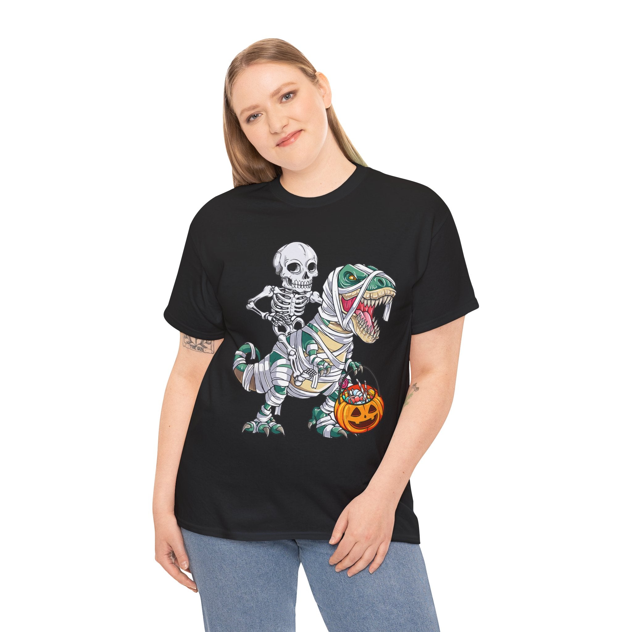 Halloween Skeleton Dinosaur Tee - Unisex Heavy Cotton Shirt