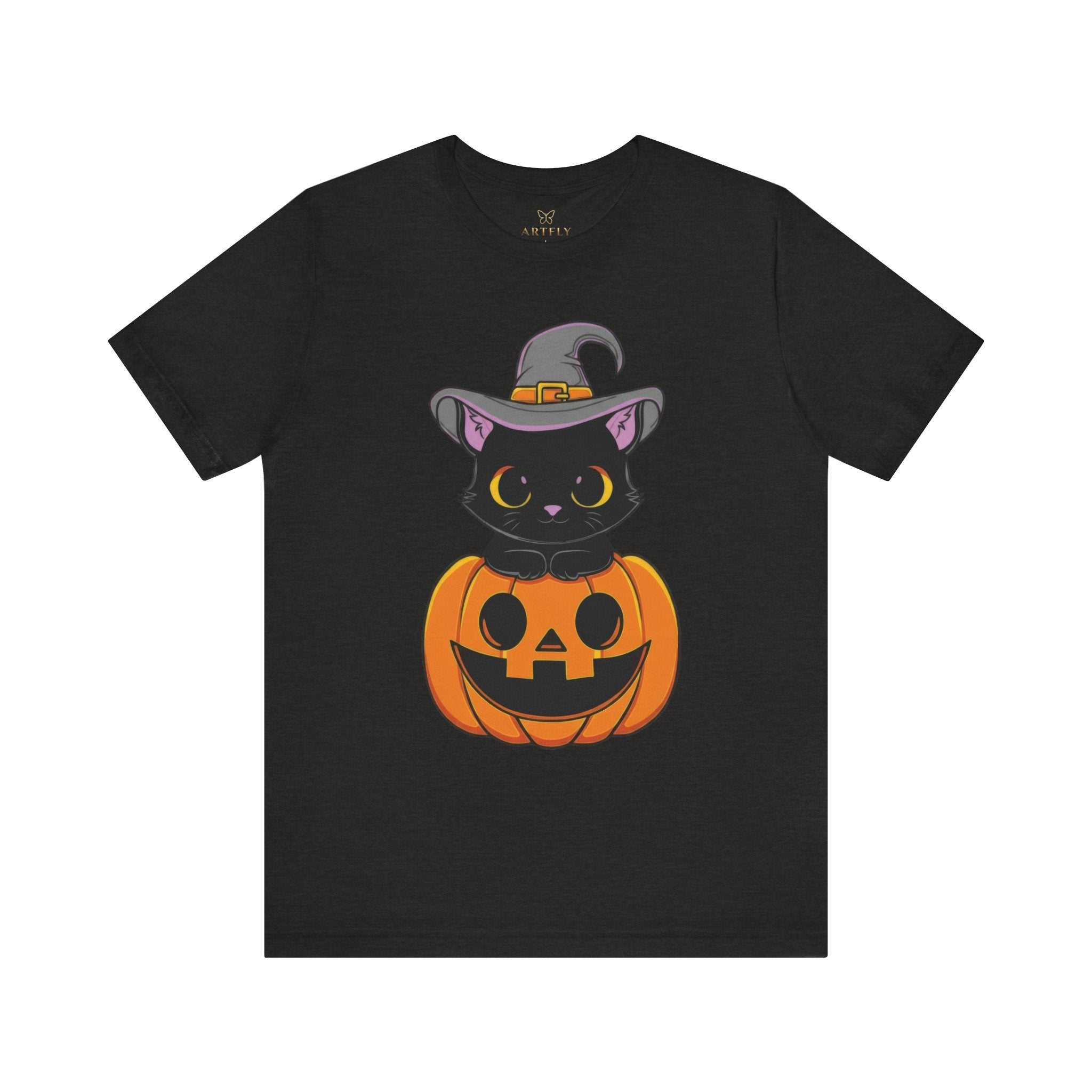 Halloween Cat T-Shirt, Unisex Tee for Autumn, Cozy Halloween Shirt, Spooky Costume Party Wear, Pumpkin and Cat Design