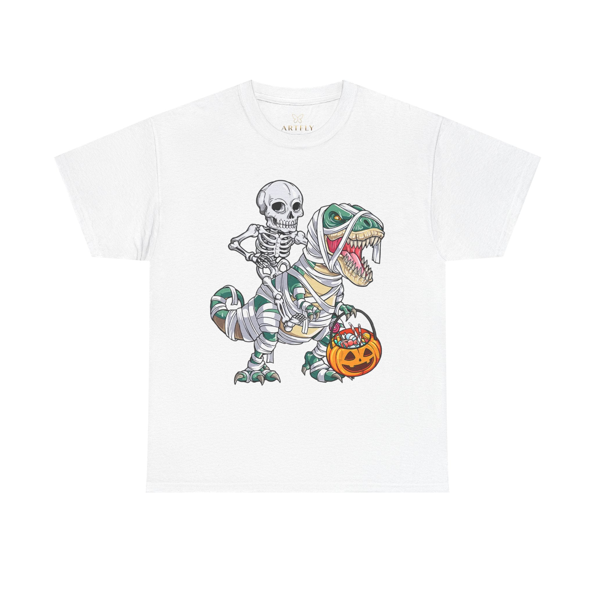 Halloween Skeleton Dinosaur Tee - Unisex Heavy Cotton Shirt