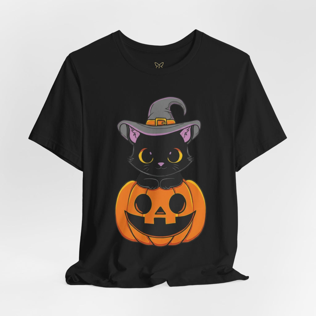 Halloween Cat T-Shirt, Unisex Tee for Autumn, Cozy Halloween Shirt, Spooky Costume Party Wear, Pumpkin and Cat Design